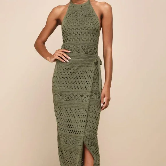 Olive Green Crochet Faux-Wrap Halter Midi Dress - Picture 1 of 3